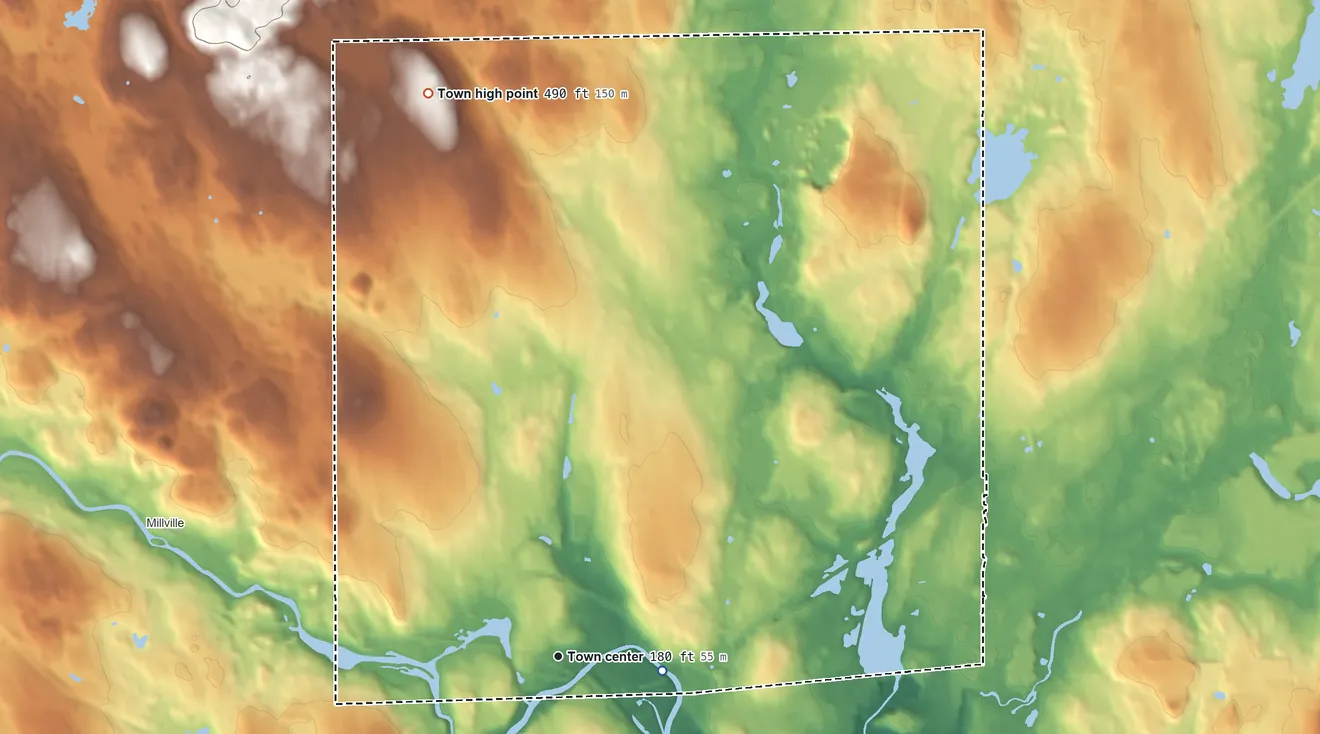 Topographic elevation map of Blackstone, Massachusetts, shaded from 150 ft on the east side to 490 ft on the north side
