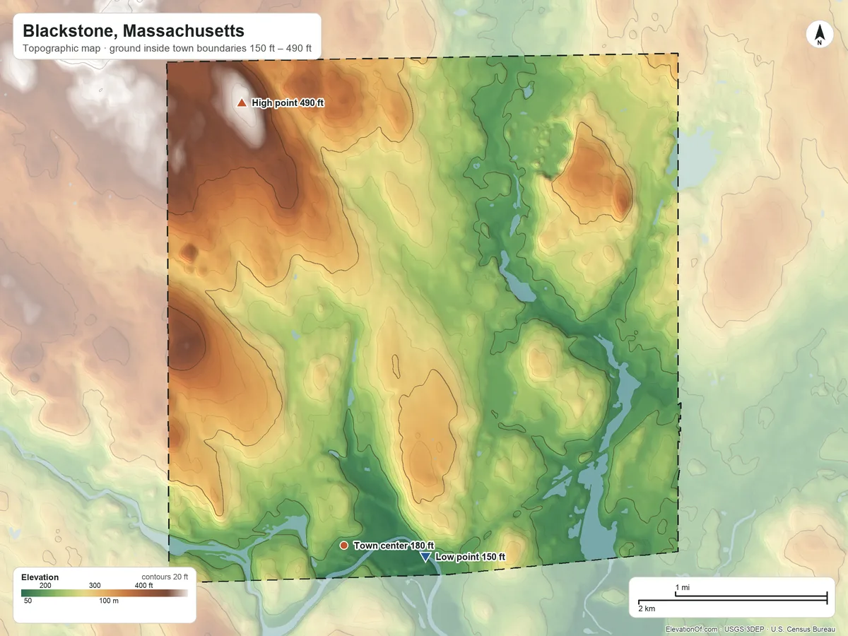 Topographic elevation map of Blackstone, Massachusetts, shaded from 150 ft on the east side to 490 ft on the north side