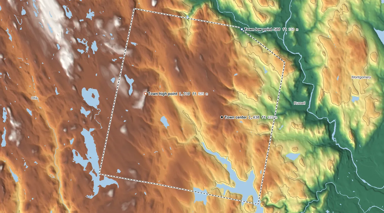 Topographic elevation map of Blandford, Massachusetts, shaded from 500 ft on the north side to 1,730 ft on Walnut Hill