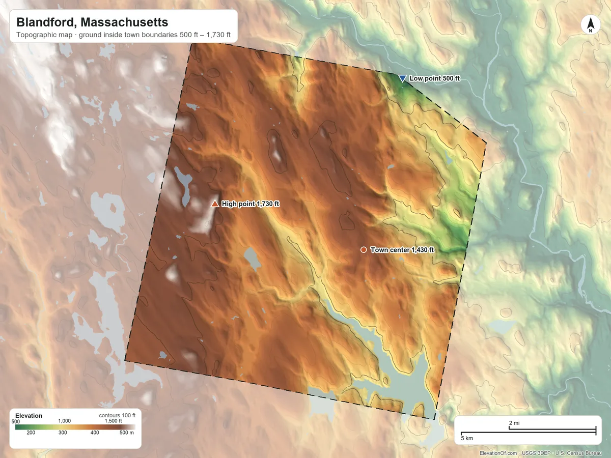 Topographic elevation map of Blandford, Massachusetts, shaded from 500 ft on the north side to 1,730 ft on Walnut Hill