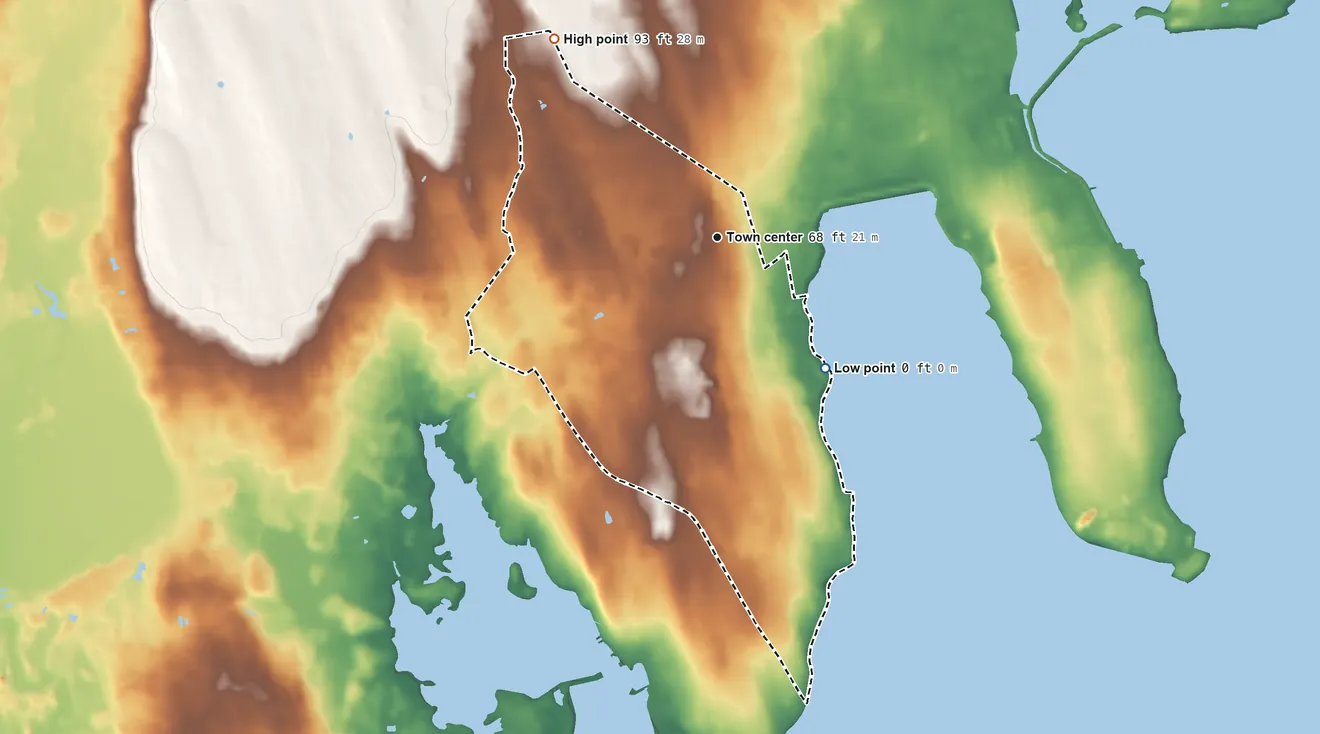 Topographic elevation map of Bliss Corner, Massachusetts, shaded from sea level level on the Apponagansett River to 93 ft on the northwest side