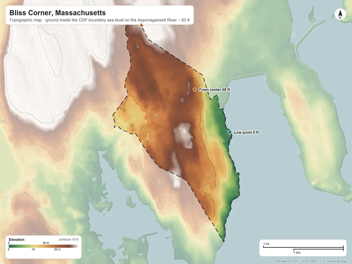 Topographic elevation map of Bliss Corner, Massachusetts, shaded from sea level level on the Apponagansett River to 93 ft on the northwest side