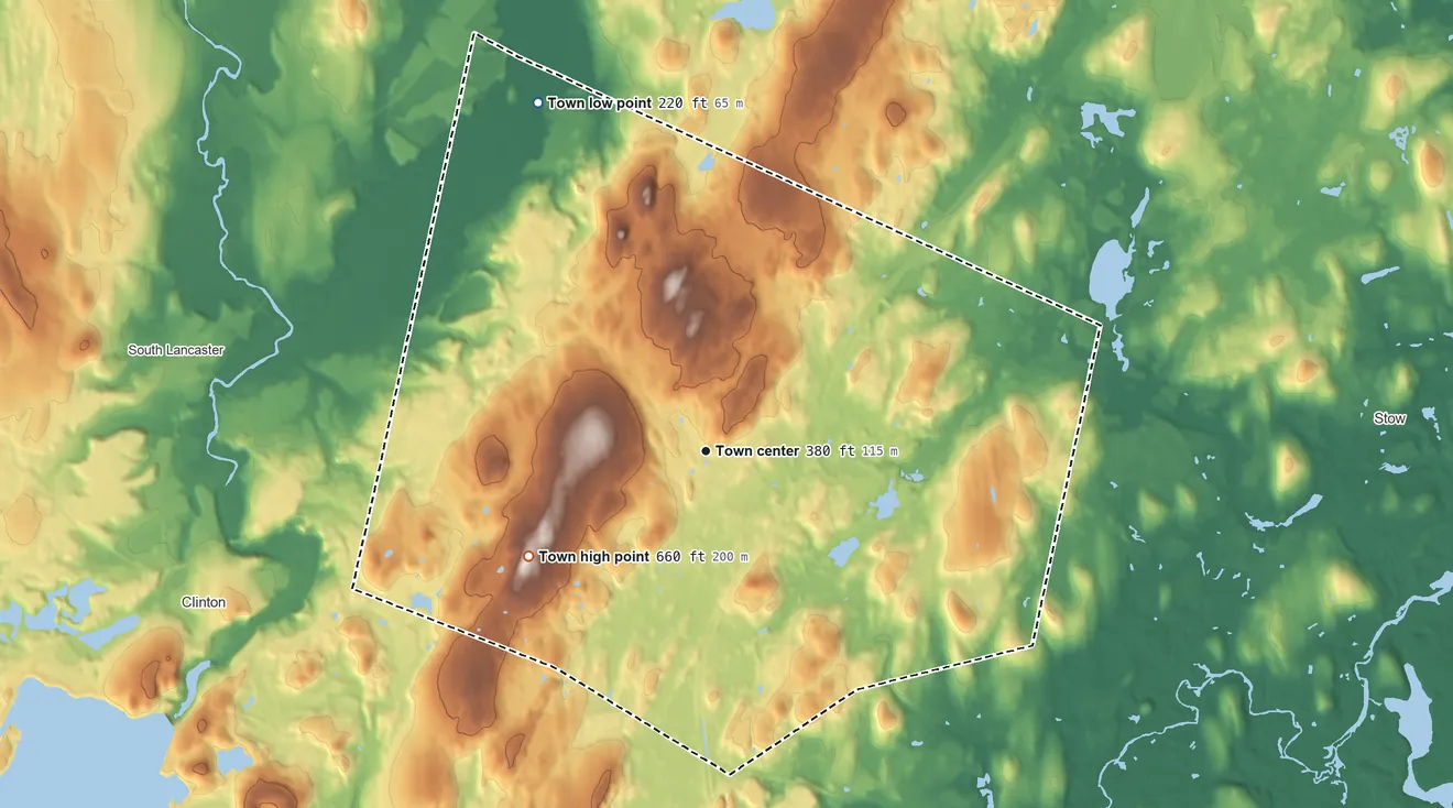 Topographic elevation map of Bolton, Massachusetts, shaded from 220 ft on the northwest side to 660 ft on Wataquadock Hill