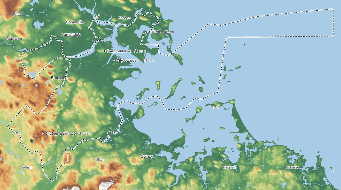 Topographic elevation map of Boston, Massachusetts, shaded from sea level level on Boston Harbor to 330 ft on Bellevue Hill