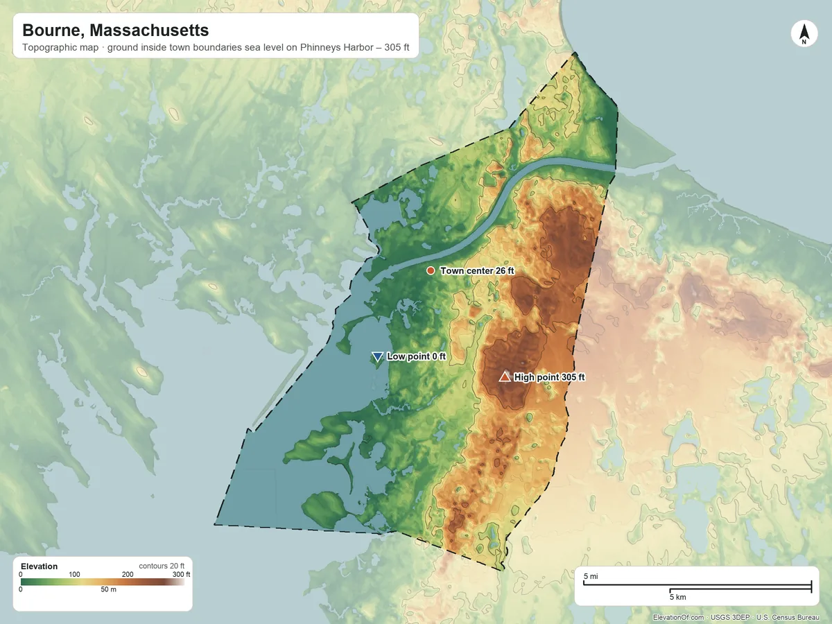 Topographic elevation map of Bourne, Massachusetts, shaded from sea level level on Phinneys Harbor to 305 ft on Pine Hill