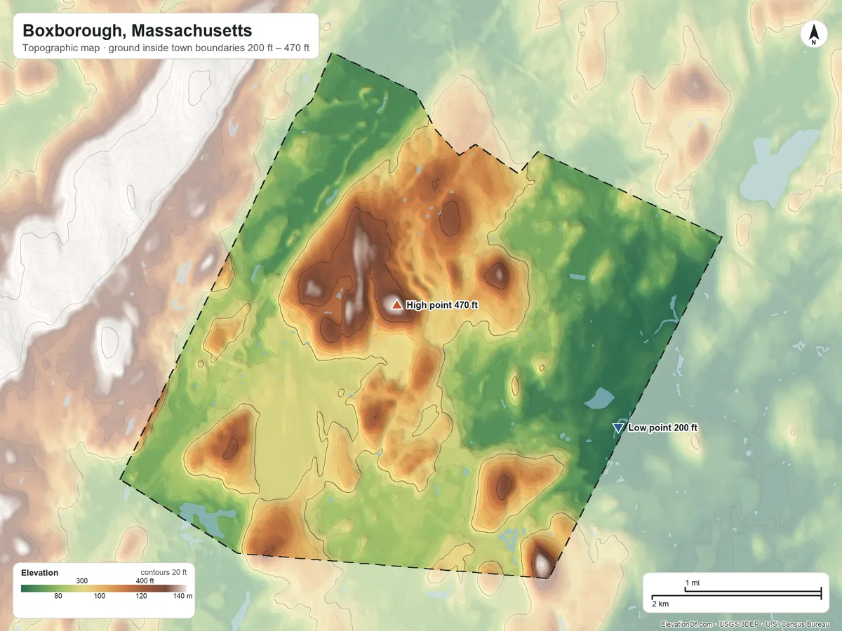 Topographic elevation map of Boxborough, Massachusetts, shaded from 200 ft on the east side to 470 ft near the middle