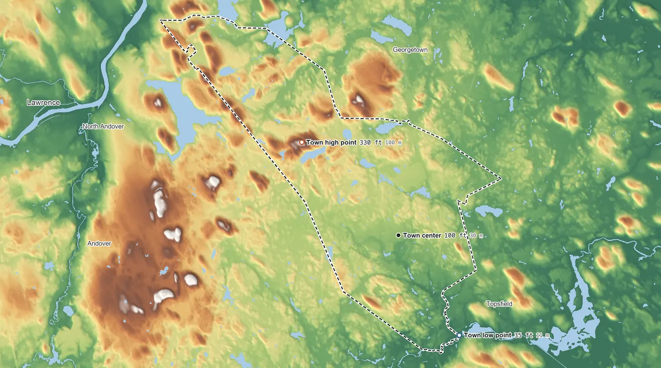 Topographic elevation map of Boxford, Massachusetts, shaded from 35 ft on the southeast side to 330 ft on Bayns Hill