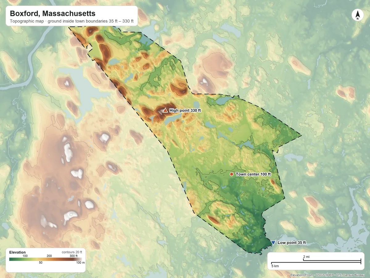 Topographic elevation map of Boxford, Massachusetts, shaded from 35 ft on the southeast side to 330 ft on Bayns Hill