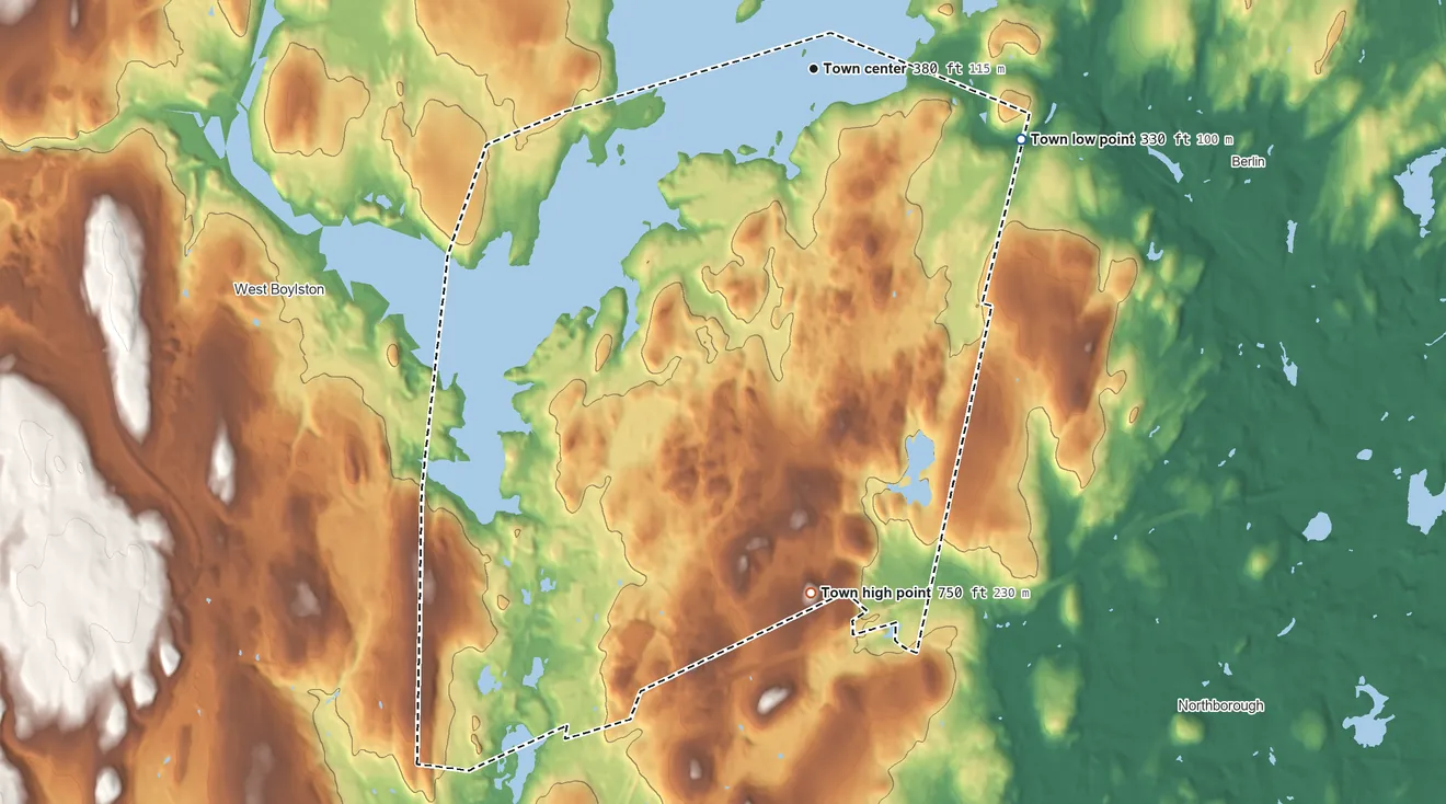 Topographic elevation map of Boylston, Massachusetts, shaded from 330 ft on the east side to 750 ft on Barnard Hill