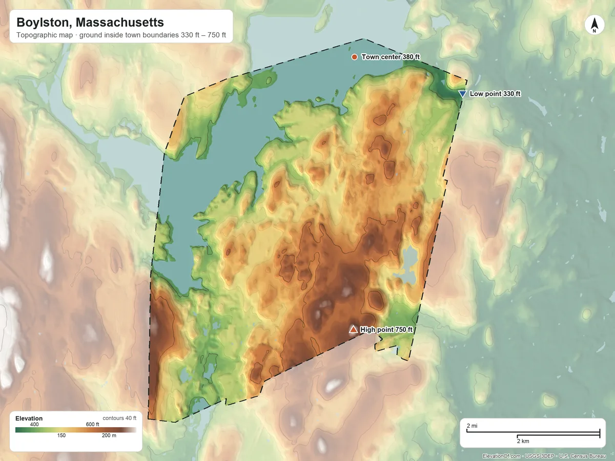 Topographic elevation map of Boylston, Massachusetts, shaded from 330 ft on the east side to 750 ft on Barnard Hill