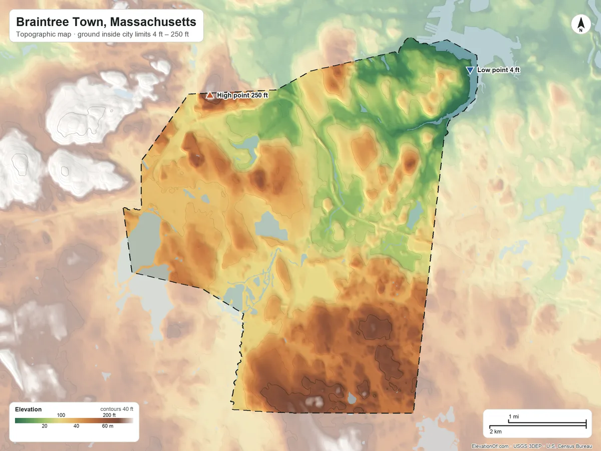 Topographic elevation map of Braintree Town, Massachusetts, shaded from 4 ft on the northeast side to 250 ft on Pine Hill