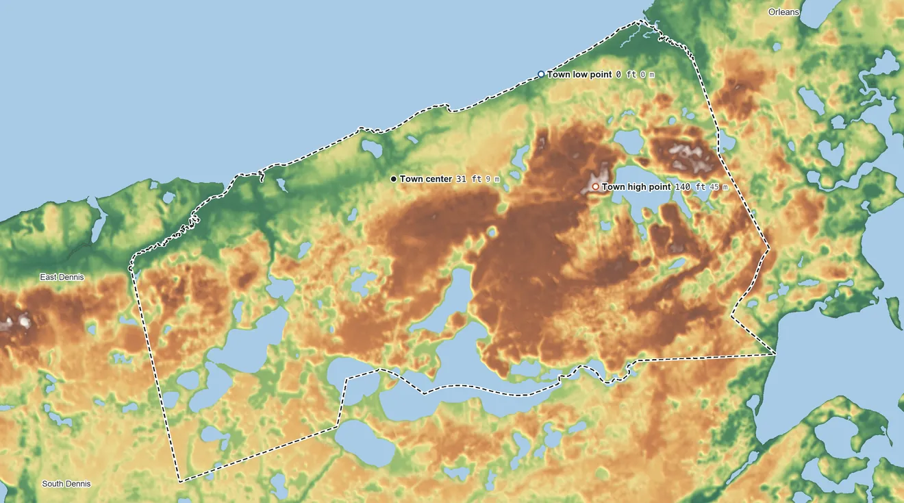 Topographic elevation map of Brewster, Massachusetts, shaded from sea level level on Cape Cod Bay to 140 ft on the east side