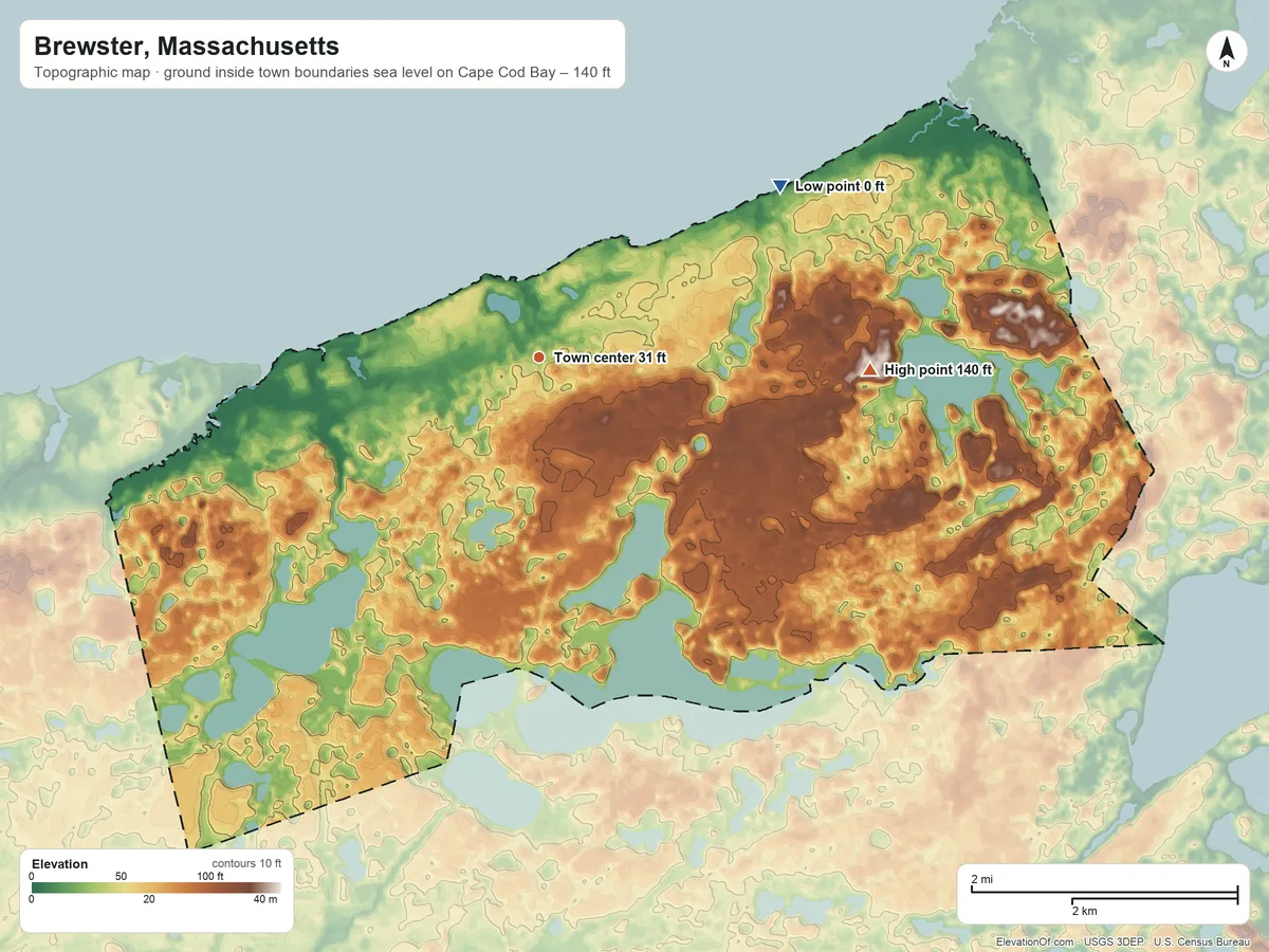 Topographic elevation map of Brewster, Massachusetts, shaded from sea level level on Cape Cod Bay to 140 ft on the east side