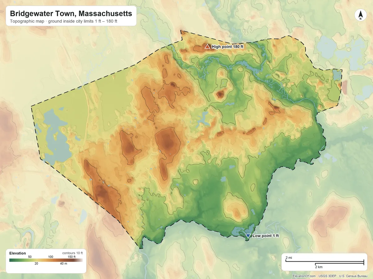 Topographic elevation map of Bridgewater Town, Massachusetts, shaded from 1 ft on the southeast side to 180 ft on Spragues Hill