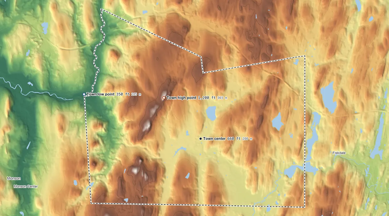 Topographic elevation map of Brimfield, Massachusetts, shaded from 350 ft on the west side to 1,200 ft on Steerage Rock