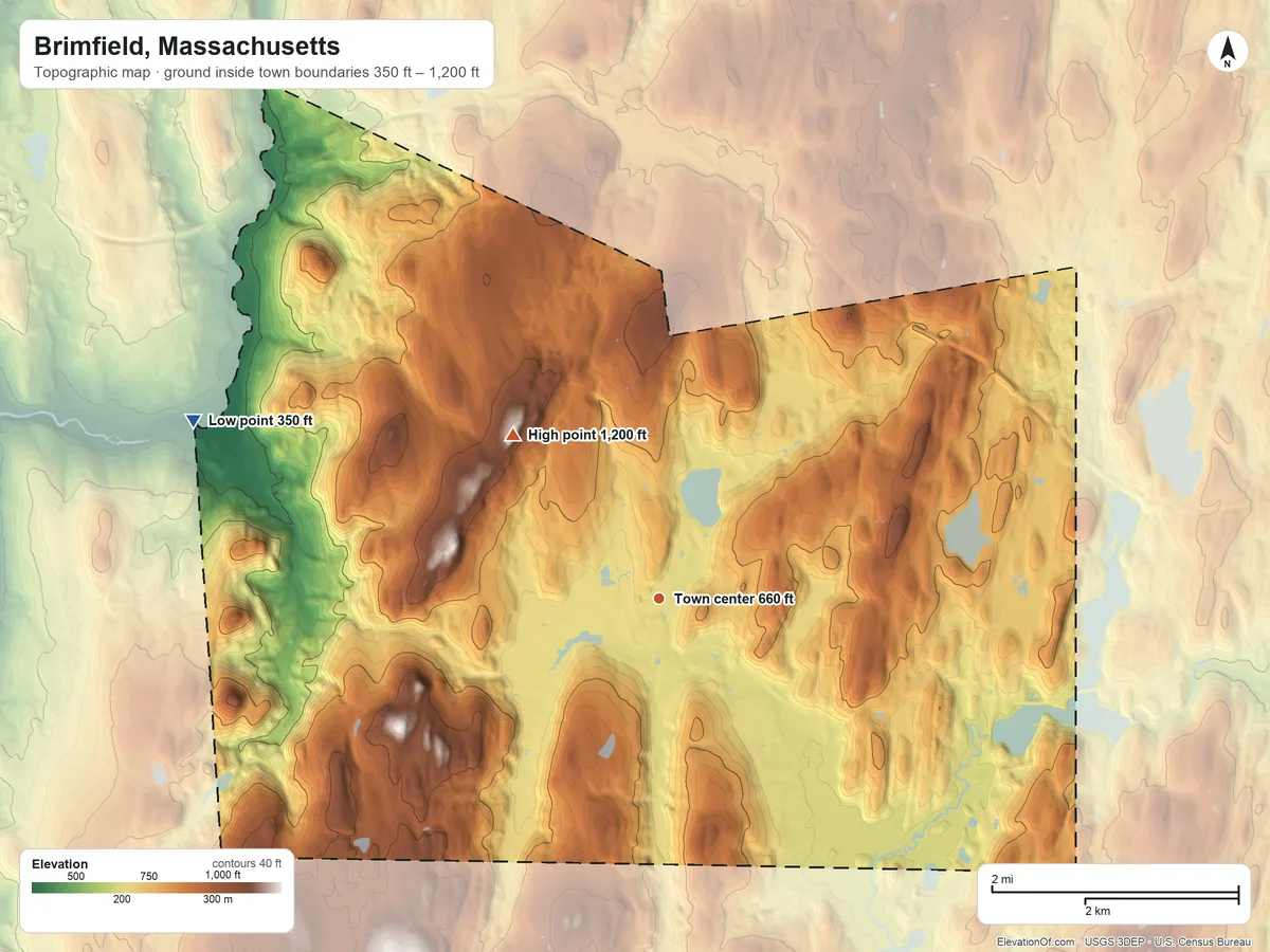 Topographic elevation map of Brimfield, Massachusetts, shaded from 350 ft on the west side to 1,200 ft on Steerage Rock