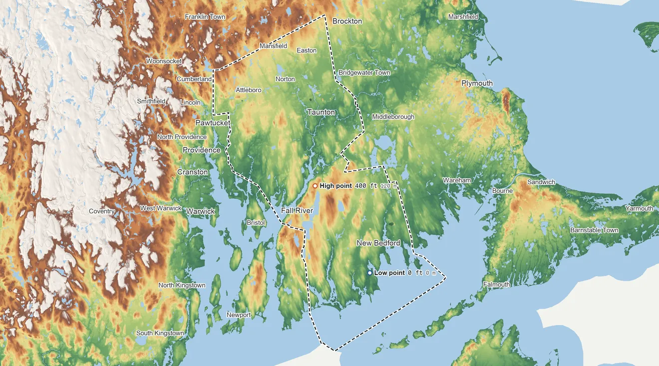 Topographic elevation map of Bristol County, Massachusetts, shaded from sea level on the Apponagansett River to 400 ft near the middle