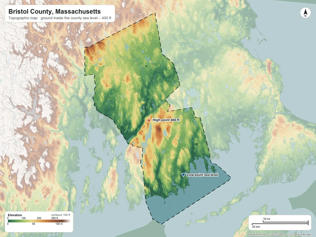 Topographic elevation map of Bristol County, Massachusetts, shaded from sea level on the Apponagansett River to 400 ft near the middle