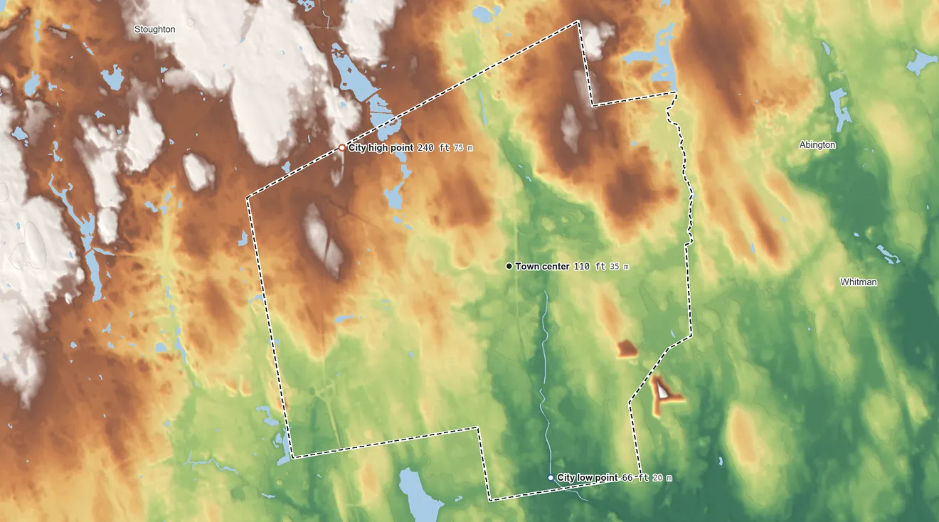 Topographic elevation map of Brockton, Massachusetts, shaded from 66 ft on the south side to 240 ft on the northwest side