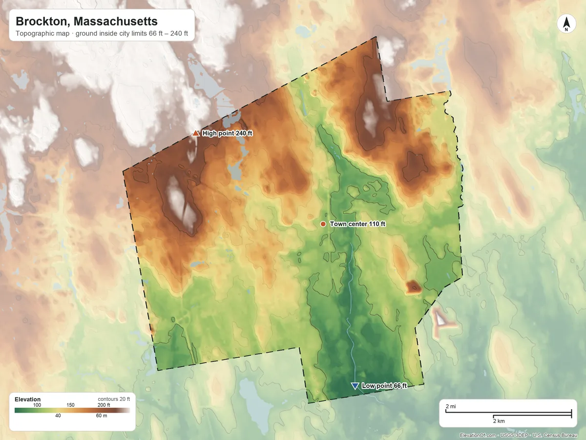 Topographic elevation map of Brockton, Massachusetts, shaded from 66 ft on the south side to 240 ft on the northwest side