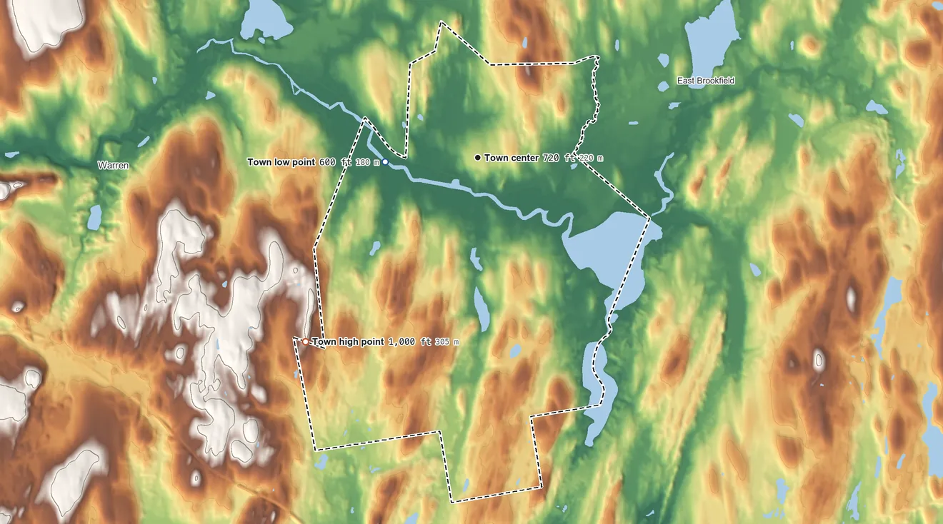 Topographic elevation map of Brookfield, Massachusetts, shaded from 600 ft on the west side to 1,000 ft on the southwest side