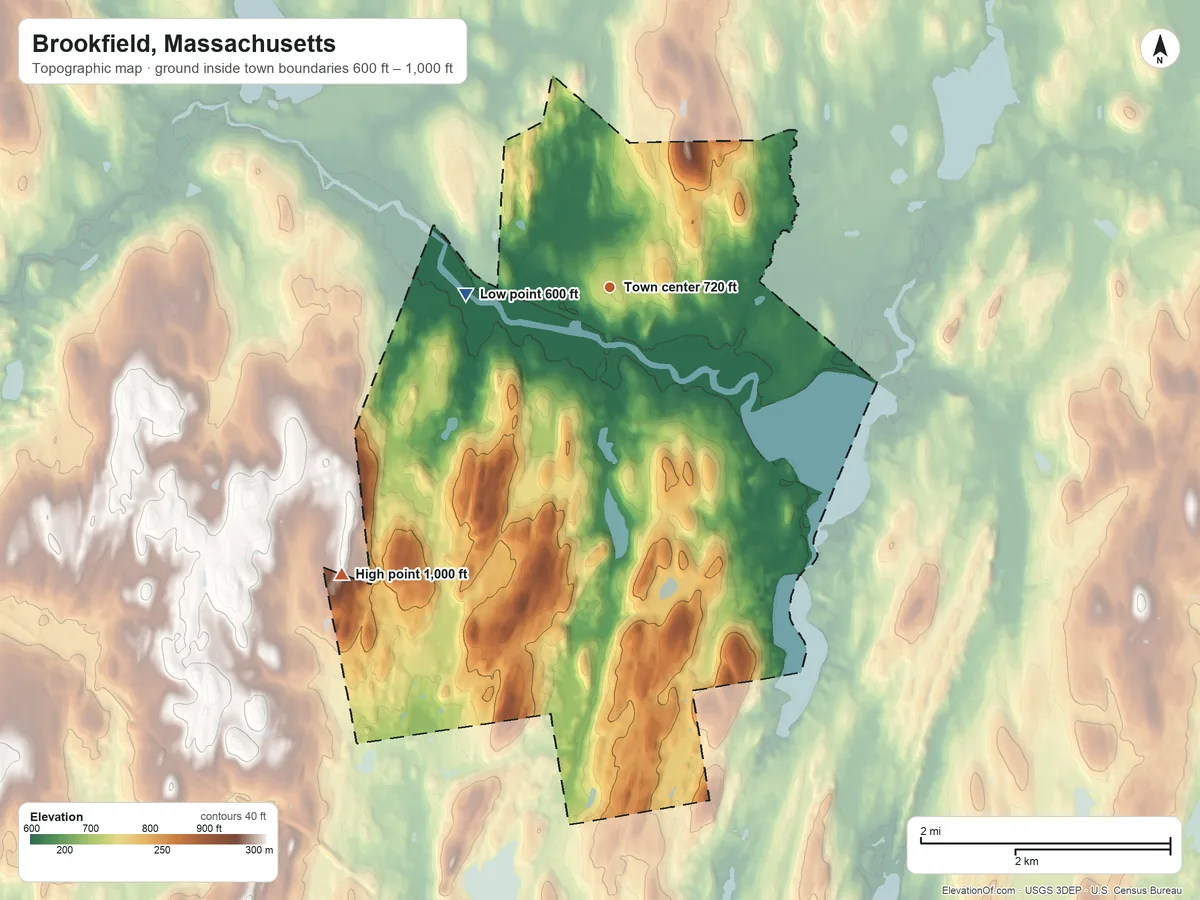 Topographic elevation map of Brookfield, Massachusetts, shaded from 600 ft on the west side to 1,000 ft on the southwest side