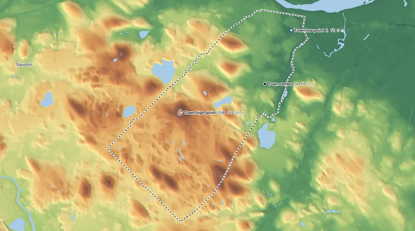Topographic elevation map of Brookline, Massachusetts, shaded from 1 ft on the northeast side to 350 ft on Single Tree Hill