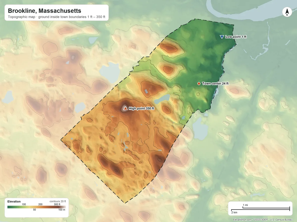 Topographic elevation map of Brookline, Massachusetts, shaded from 1 ft on the northeast side to 350 ft on Single Tree Hill