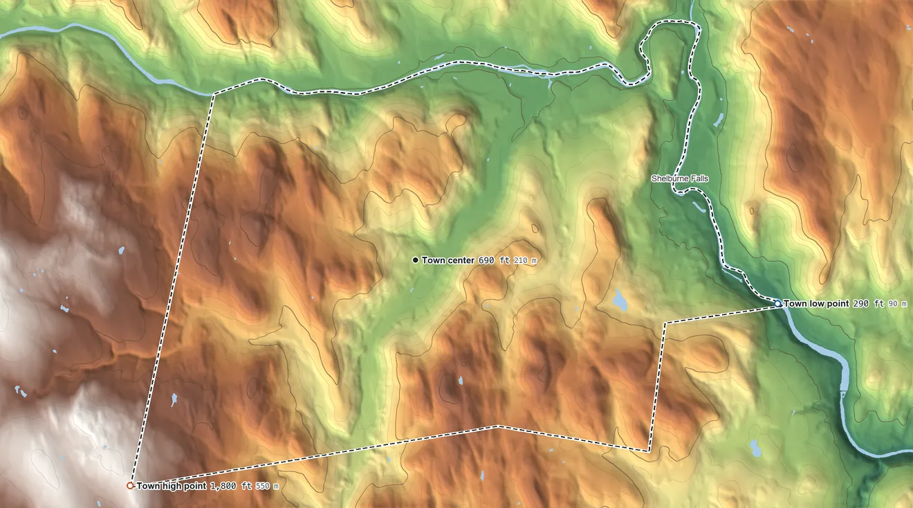 Topographic elevation map of Buckland, Massachusetts, shaded from 290 ft on the east side to 1,800 ft on the southwest side