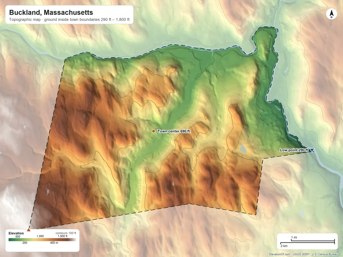 Topographic elevation map of Buckland, Massachusetts, shaded from 290 ft on the east side to 1,800 ft on the southwest side