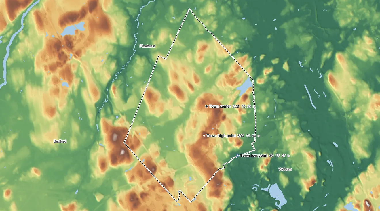 Topographic elevation map of Burlington, Massachusetts, shaded from 89 ft on the southeast side to 300 ft on Greenleaf Mountain