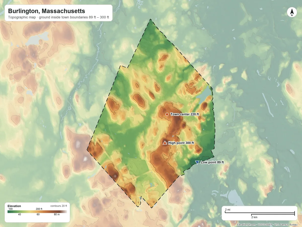 Topographic elevation map of Burlington, Massachusetts, shaded from 89 ft on the southeast side to 300 ft on Greenleaf Mountain