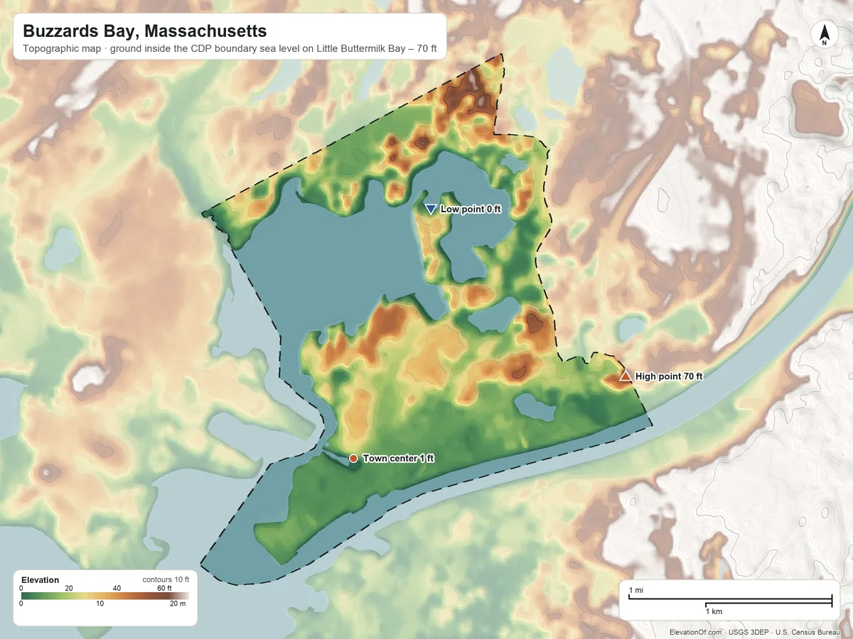 Topographic elevation map of Buzzards Bay, Massachusetts, shaded from sea level level on Little Buttermilk Bay to 70 ft on the east side