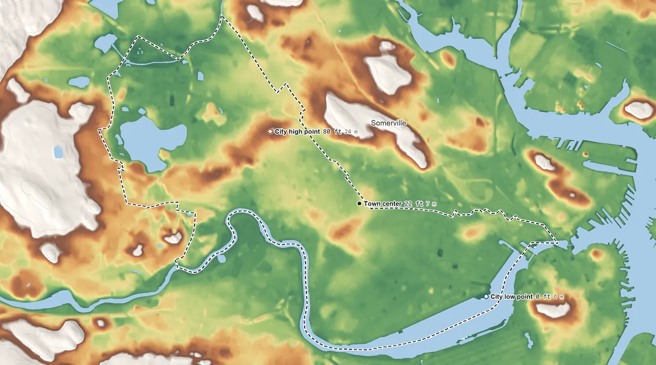 Topographic elevation map of Cambridge, Massachusetts, shaded from 0 ft on the southeast side to 80 ft on the northwest side