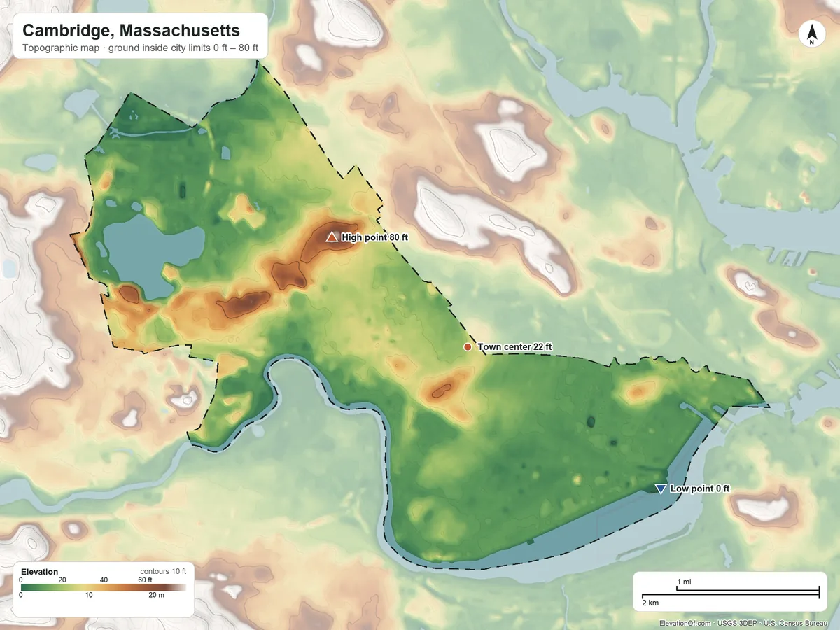 Topographic elevation map of Cambridge, Massachusetts, shaded from 0 ft on the southeast side to 80 ft on the northwest side