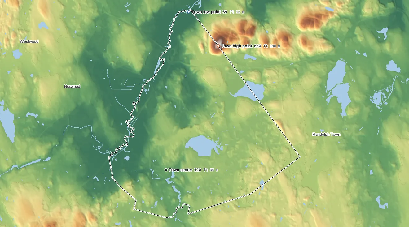 Topographic elevation map of Canton, Massachusetts, shaded from 39 ft on the north side to 630 ft on Great Blue Hill