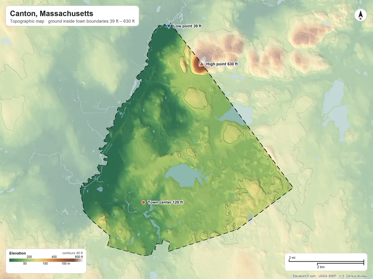 Topographic elevation map of Canton, Massachusetts, shaded from 39 ft on the north side to 630 ft on Great Blue Hill