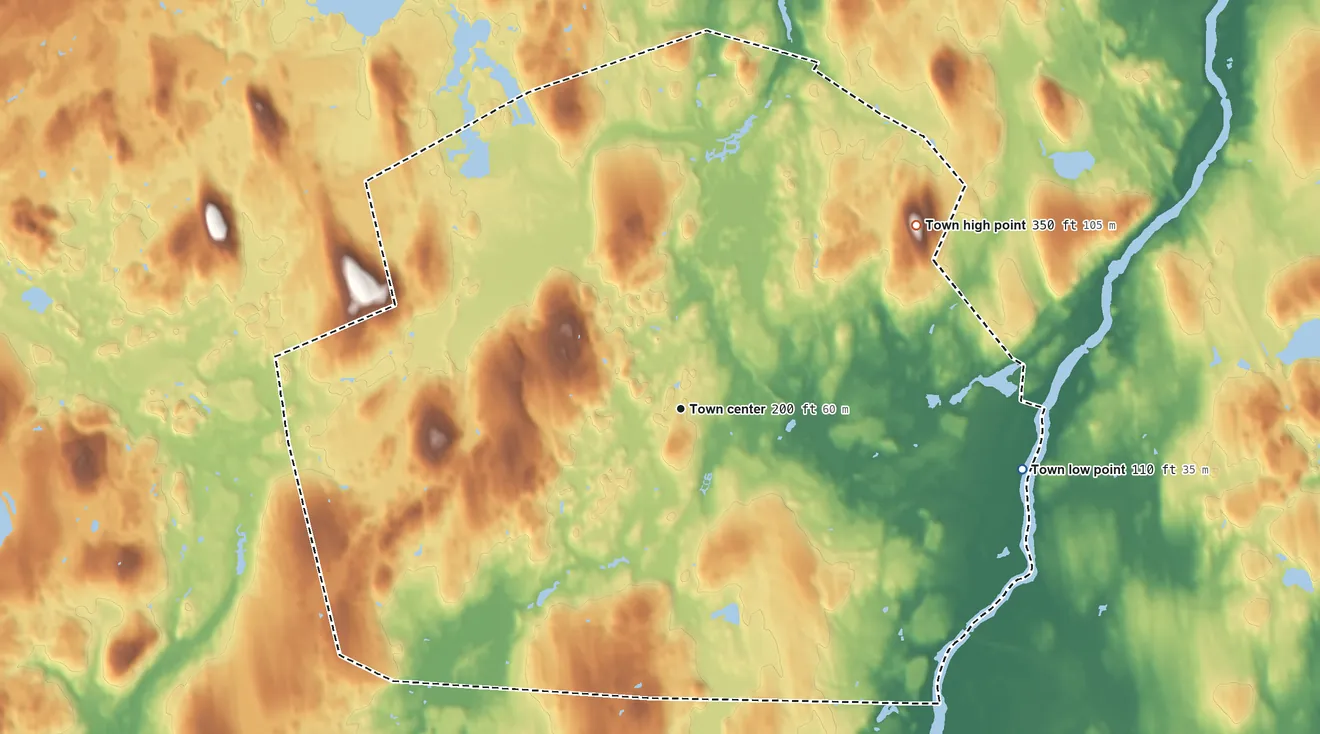 Topographic elevation map of Carlisle, Massachusetts, shaded from 110 ft on the east side to 350 ft on Hemlock Hill