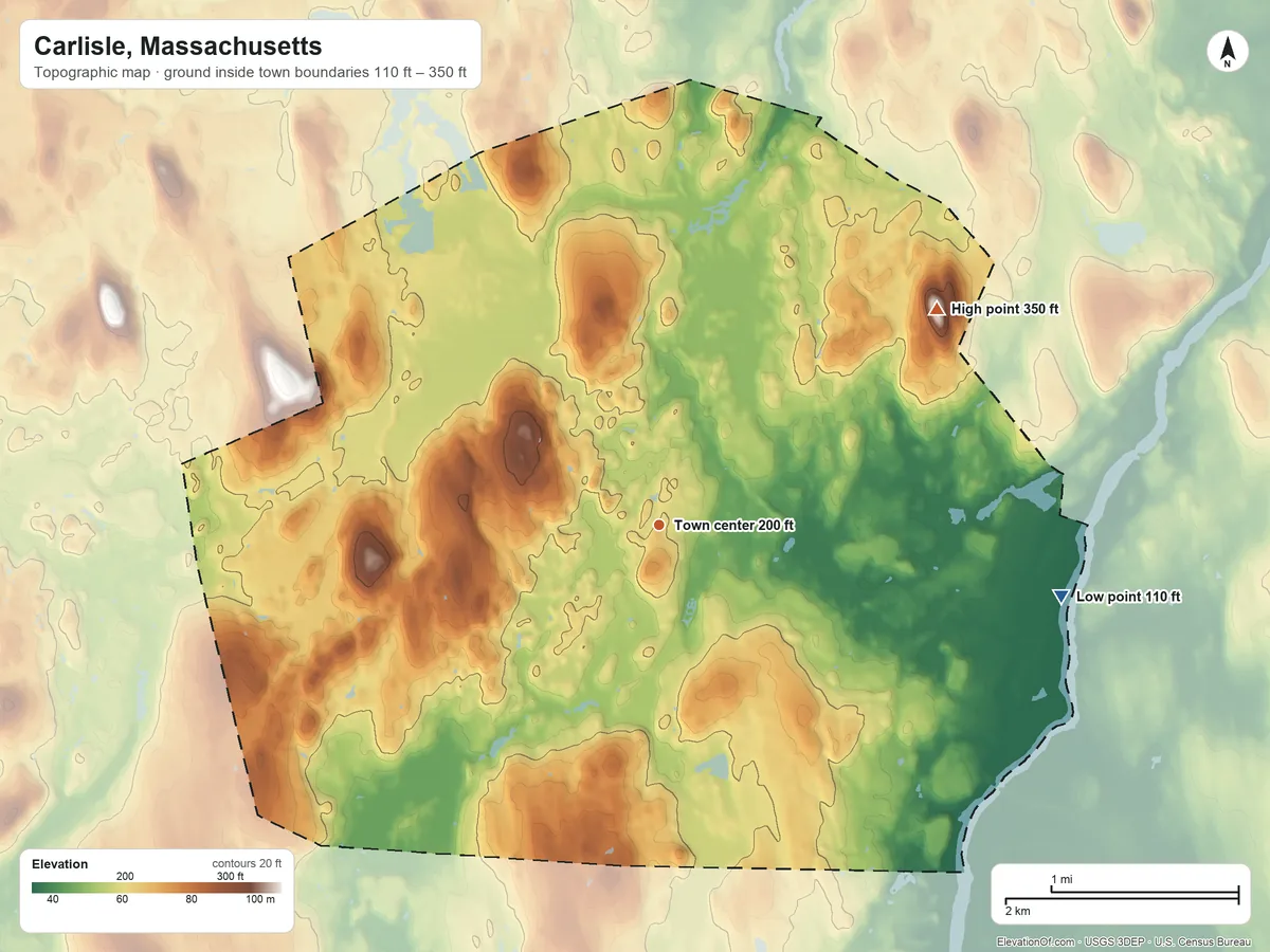 Topographic elevation map of Carlisle, Massachusetts, shaded from 110 ft on the east side to 350 ft on Hemlock Hill
