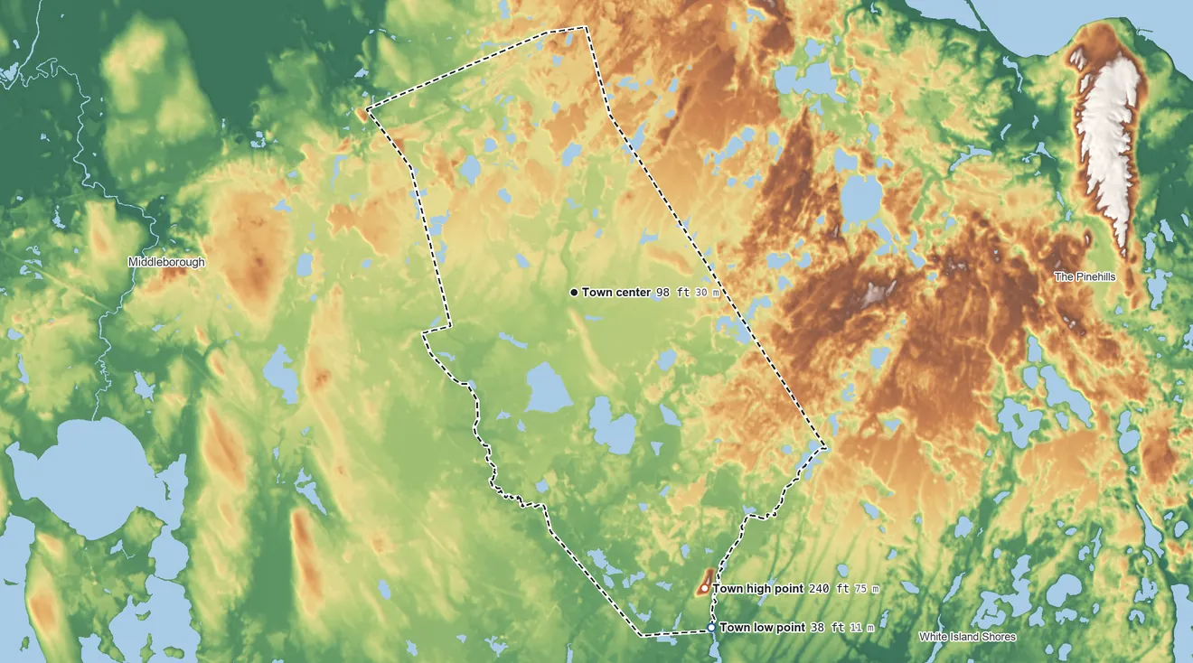 Topographic elevation map of Carver, Massachusetts, shaded from 38 ft on the south side to 240 ft on the southeast side
