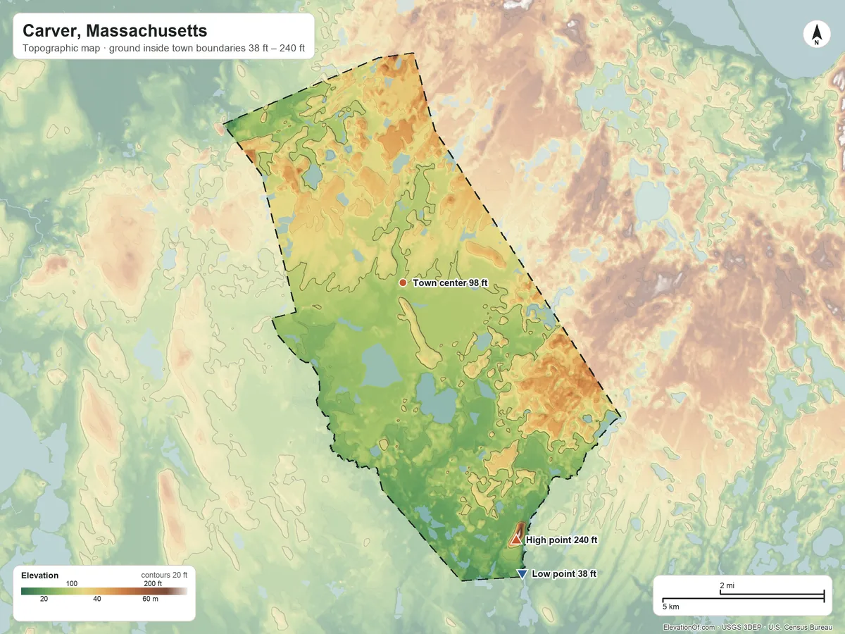 Topographic elevation map of Carver, Massachusetts, shaded from 38 ft on the south side to 240 ft on the southeast side