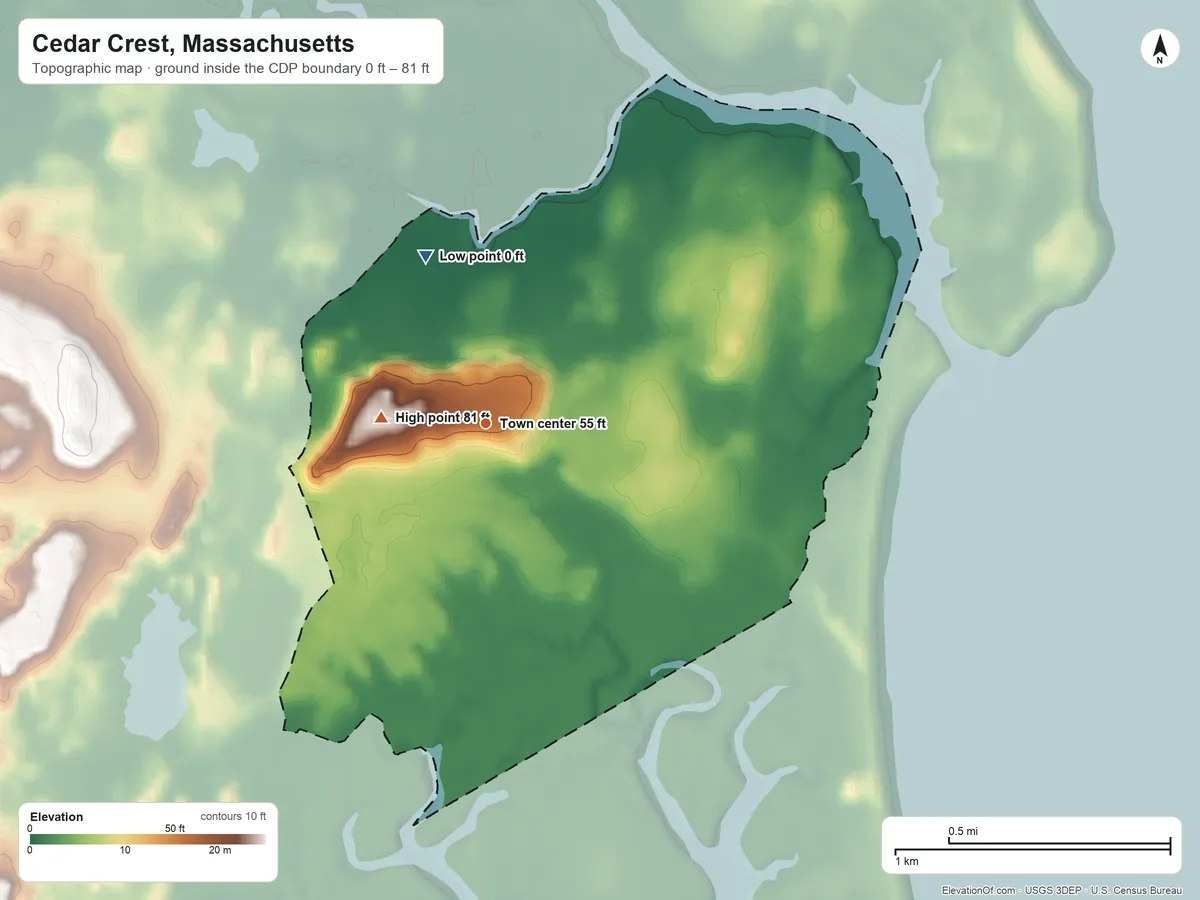 Topographic elevation map of Cedar Crest, Massachusetts, shaded from 0 ft on the north side to 81 ft on the west side