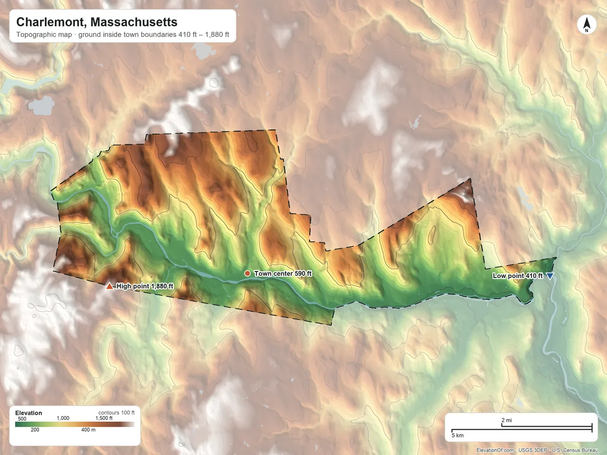 Topographic elevation map of Charlemont, Massachusetts, shaded from 410 ft on the east side to 1,880 ft on the west edge, below higher ground just outside