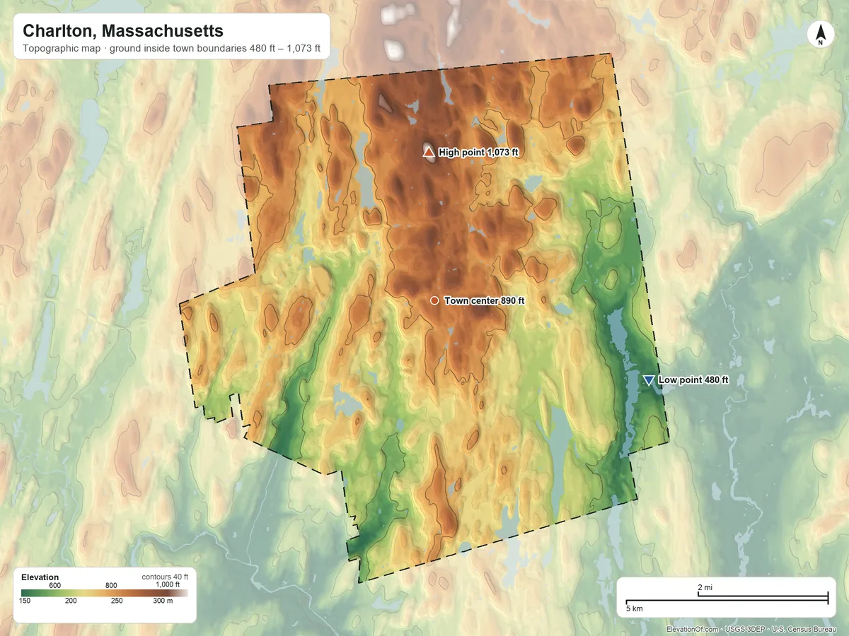 Topographic elevation map of Charlton, Massachusetts, shaded from 480 ft on the east side to 1,073 ft on Little Mugget Hill
