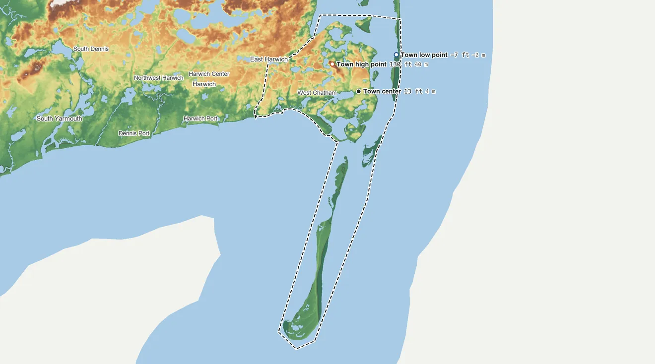 Topographic elevation map of Chatham, Massachusetts, shaded from −7 ft on the northeast side to 130 ft on Great Hill