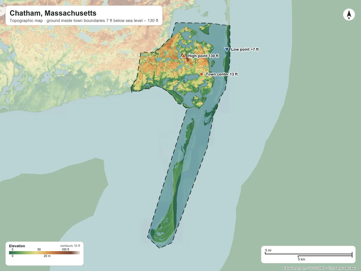 Topographic elevation map of Chatham, Massachusetts, shaded from −7 ft on the northeast side to 130 ft on Great Hill