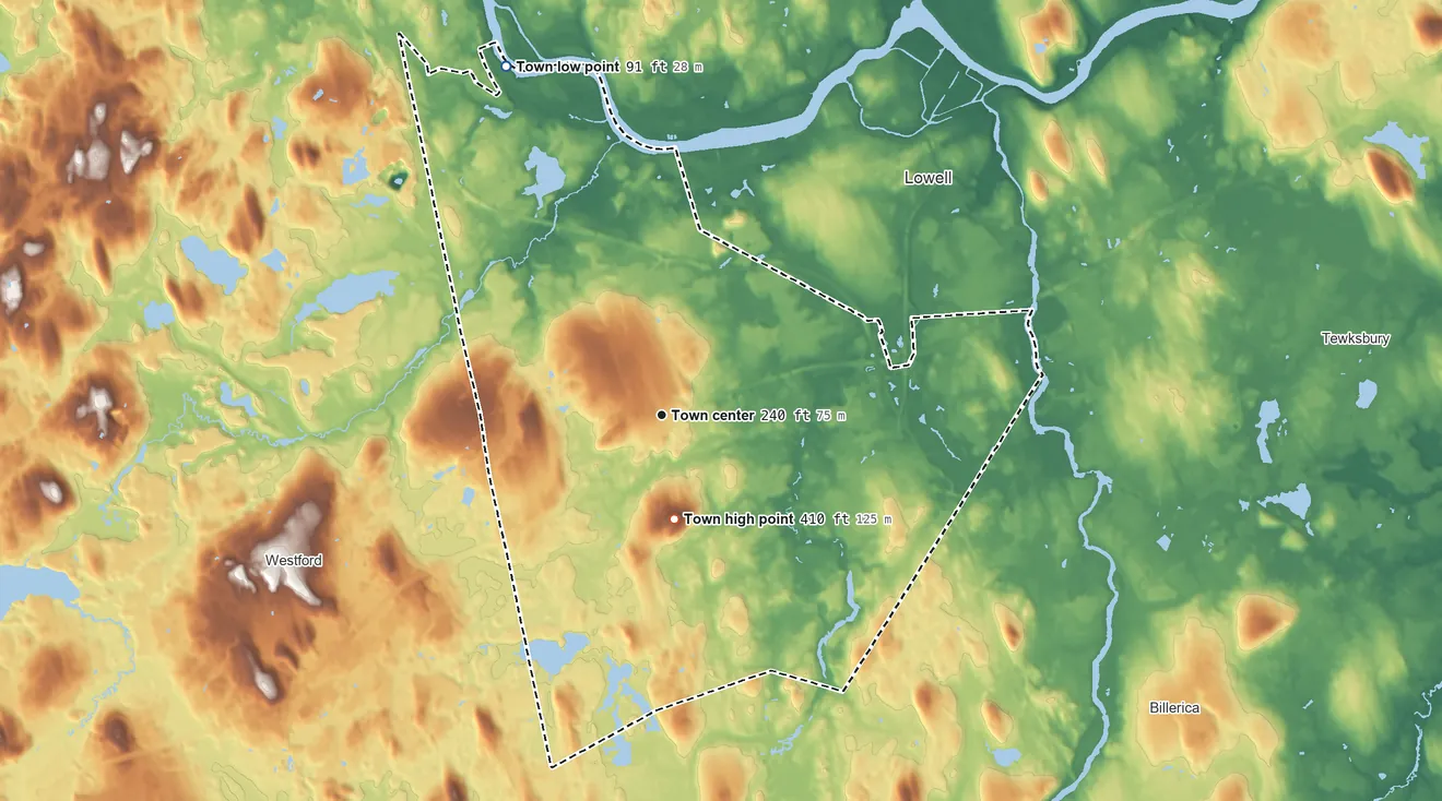 Topographic elevation map of Chelmsford, Massachusetts, shaded from 91 ft on the northwest side to 408 ft on Robbins Hill