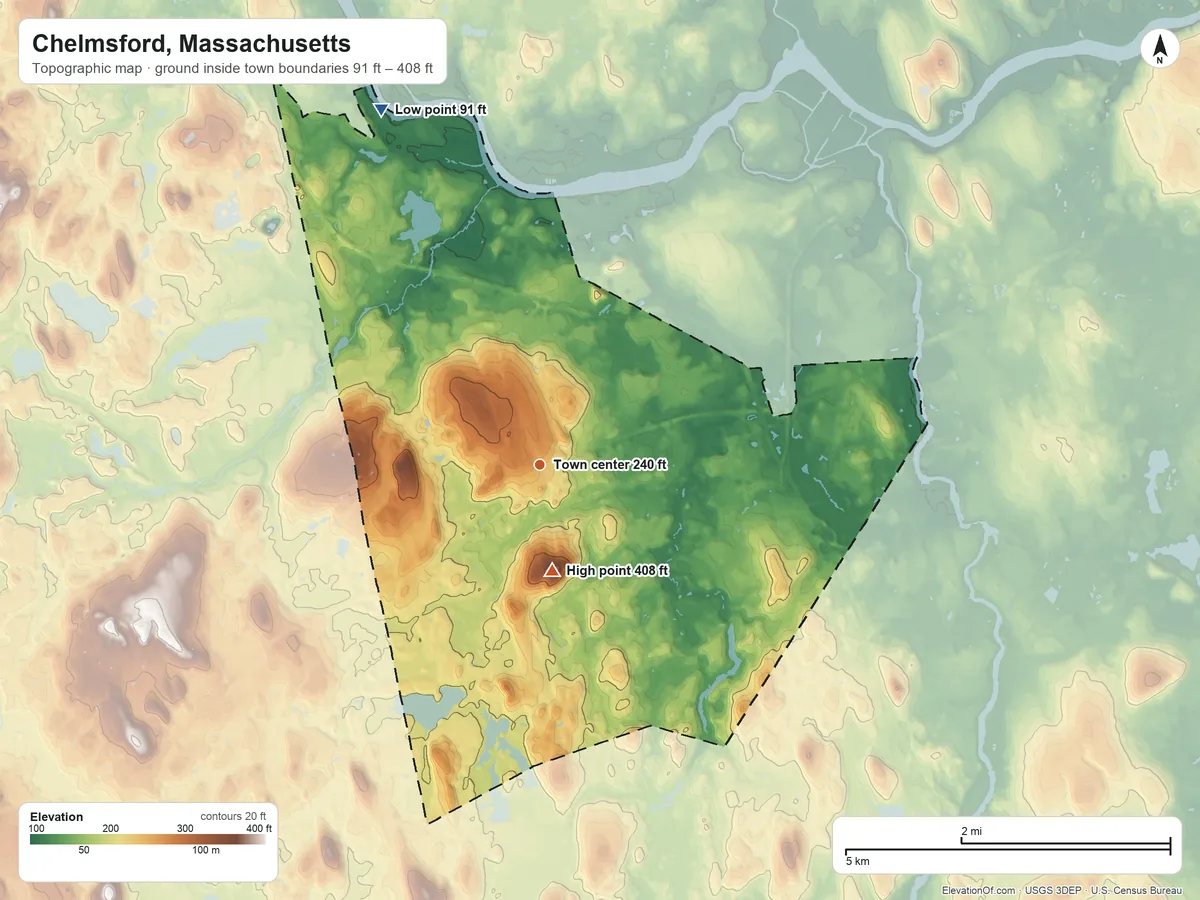 Topographic elevation map of Chelmsford, Massachusetts, shaded from 91 ft on the northwest side to 408 ft on Robbins Hill