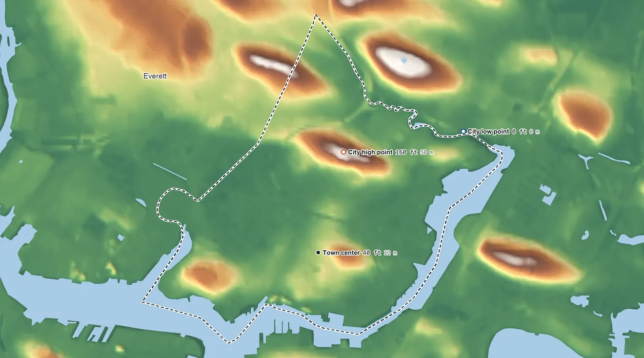 Topographic elevation map of Chelsea, Massachusetts, shaded from 0 ft on the northeast side to 160 ft on Powder Horn Hill