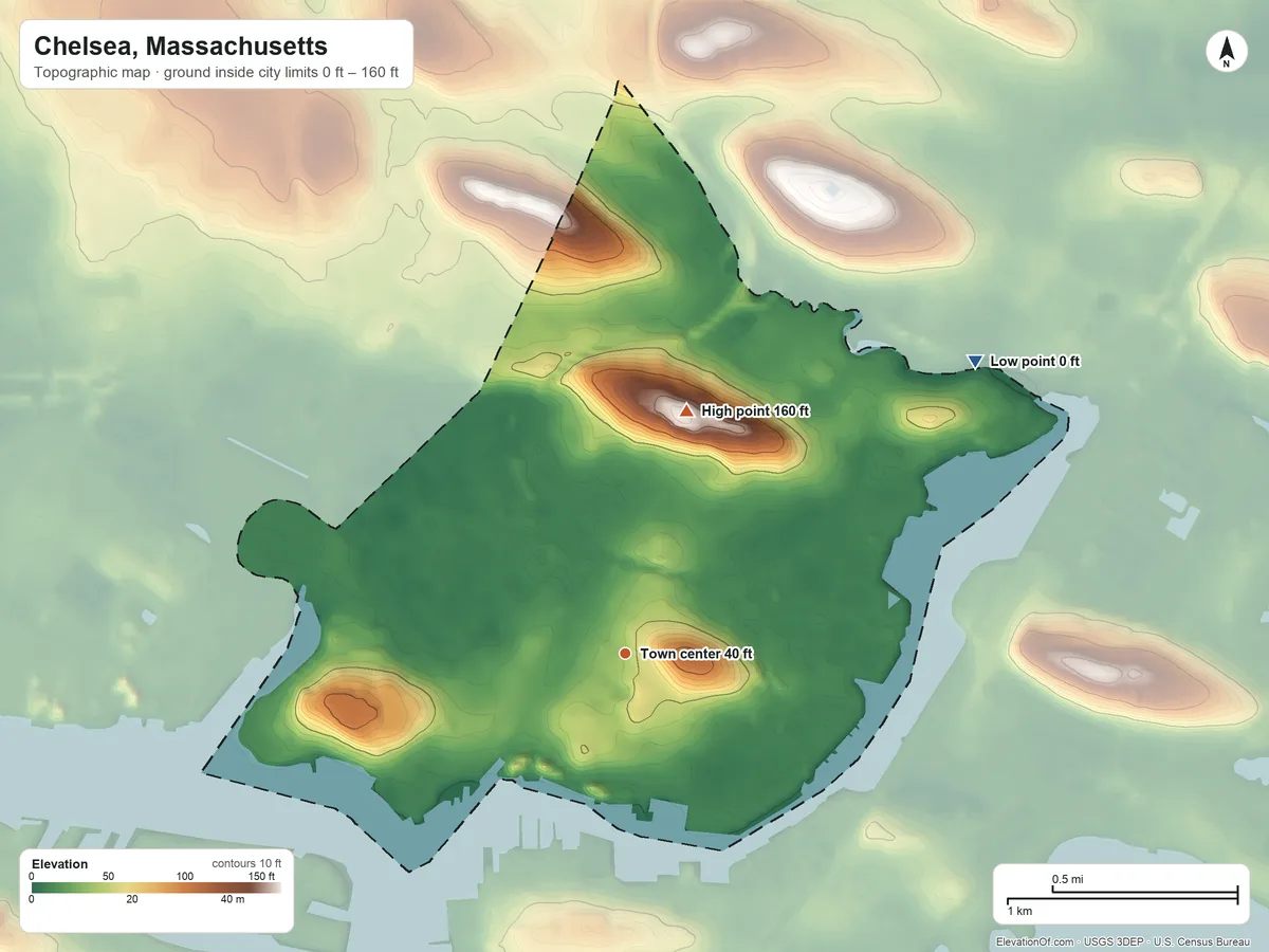 Topographic elevation map of Chelsea, Massachusetts, shaded from 0 ft on the northeast side to 160 ft on Powder Horn Hill